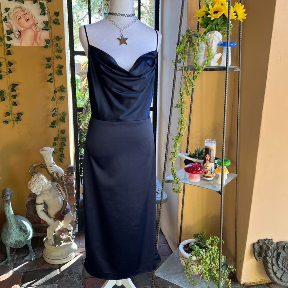 navy slip dress satin cowl neck